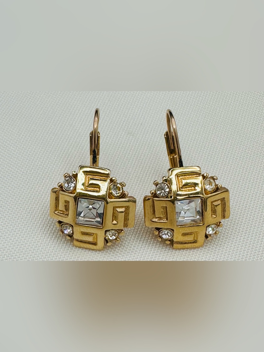 Vintage Givenchy Signed Gold Tone Greek Key 4G Logo Leverback Crystal Earrings